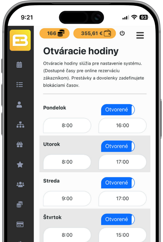 Nastavenie otváracích hodín prevádzky v aplikácii EASYBOOKING