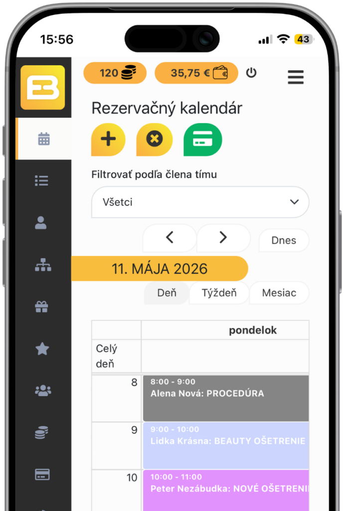Rezervačný kalendár EASYBOOKING v mobile s filtrom podľa člena tímu
